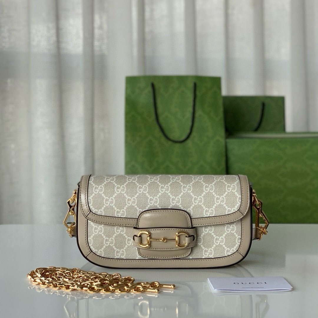 Gucci Horsebit 1955 Series Shoulder Bag Clutch Bag Beige and White